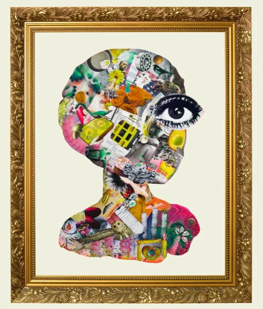 Colorful collage portrait in an ornate gold frame